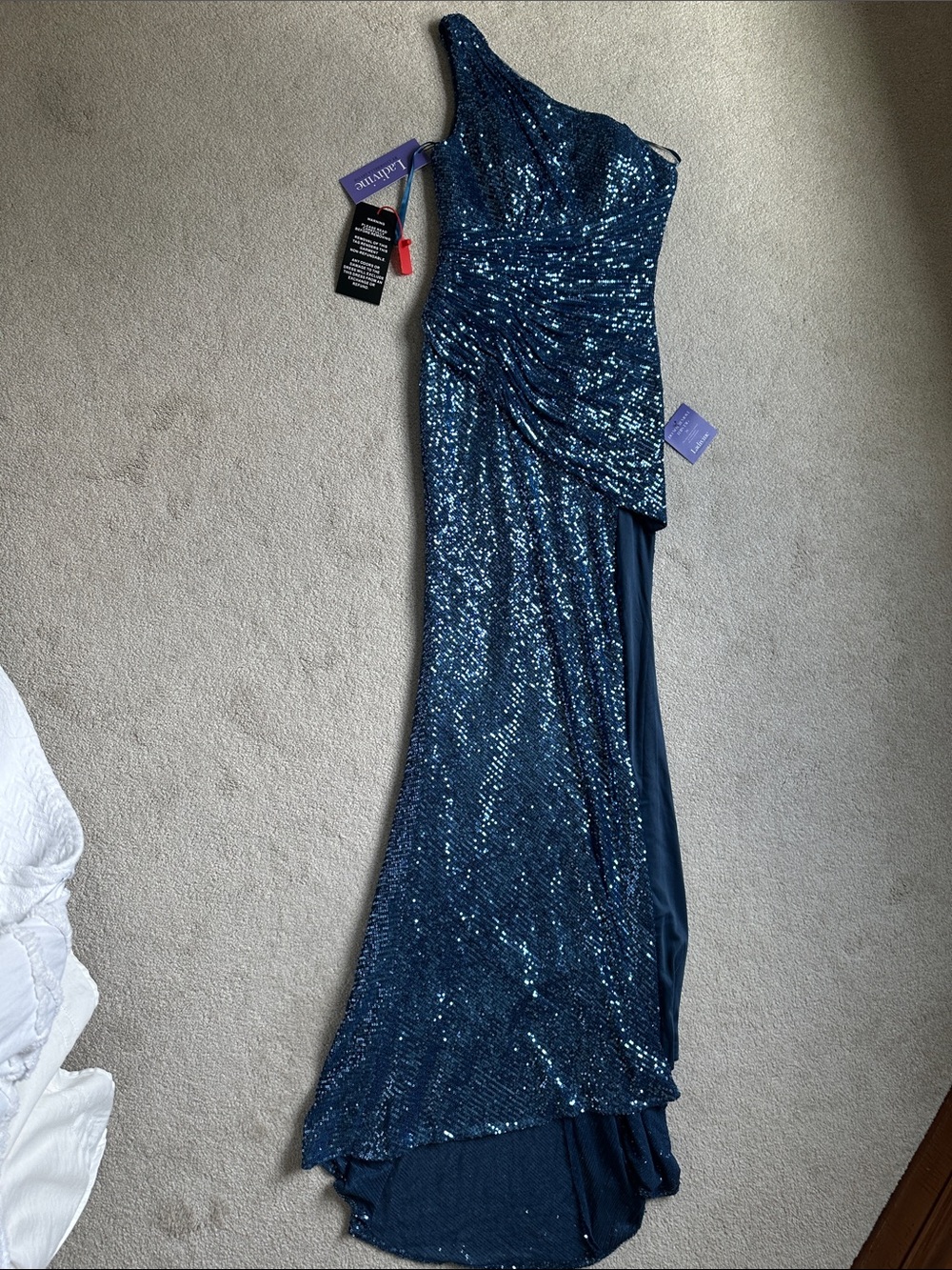 One-Shoulder Sequin Gown in Navy